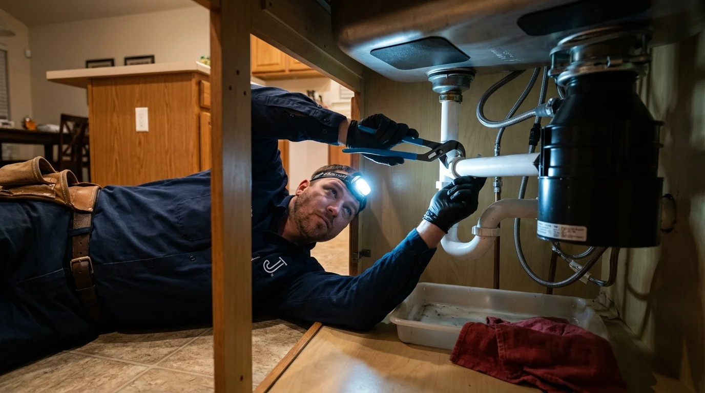 P-trap and supply line connections under a kitchen sink showing a common leak point in Gerber, CA